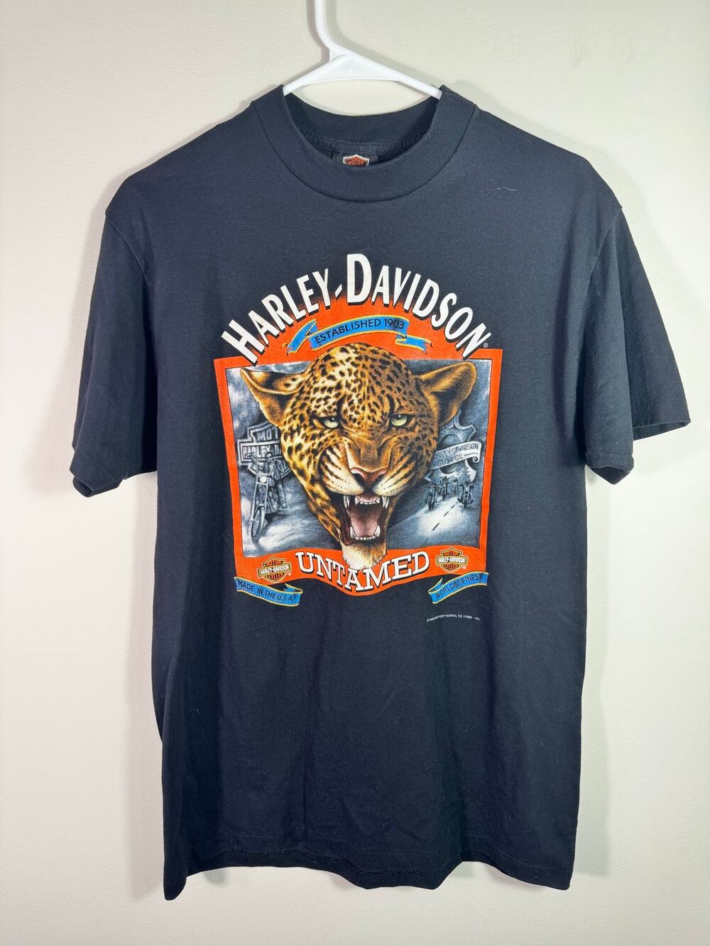 Vtg 1992 Harley-Davidson Shirt Mens L Black Leopard Untamed 3D Emblem Graphic